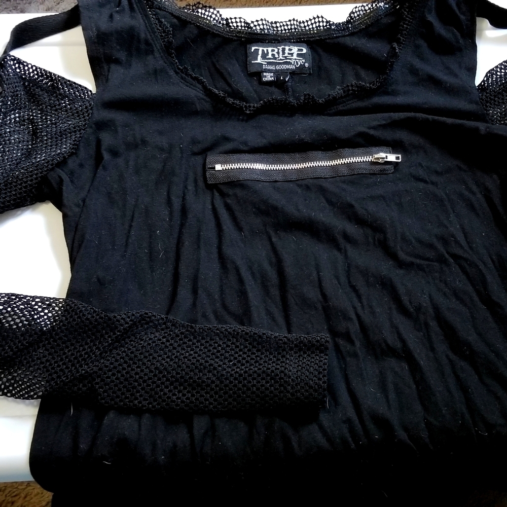 Deconstruction top Hot Topic mesh open shoulder